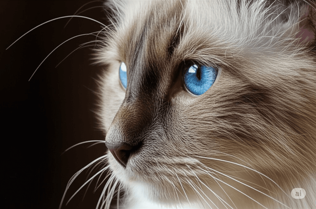 Close-up profile of an elegant Birman car highlighting its blue eyes and Roman nose