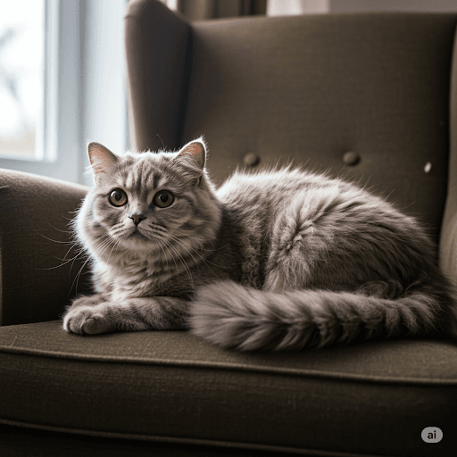 Comfortable British Longhair cat lounging indoors on a sofa.