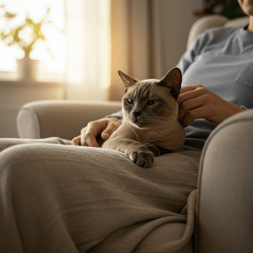 Affectionate sable Burmese cat curled contentedly on their owner's lap, purring with half-closed eyes as a gentle hand strokes their back, showcasing the deep bond between cat and human