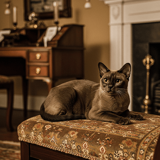 Illustration depicting early Burmese cat origins. A brown Burmese cat is lying on an ornate, patterned bench. The cat is looking directly at the camera. In the background is a wooden desk and a fireplace.