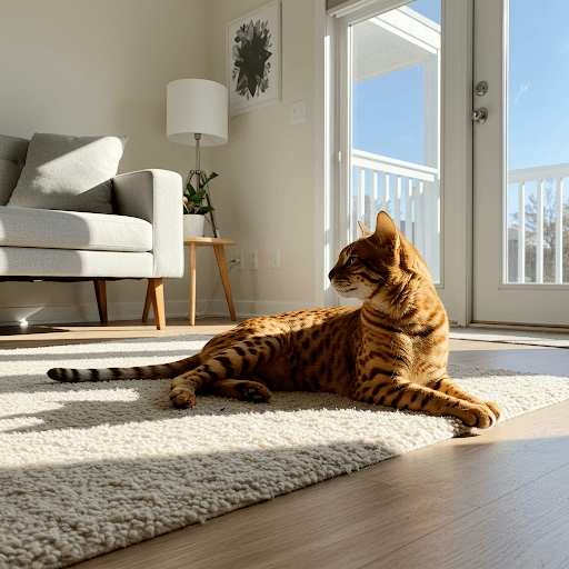 Cheetoh cat lounging comfortably in a home environment