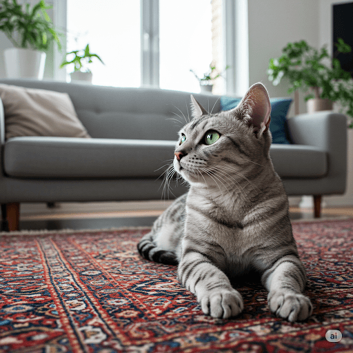 Elegant Egyptian Mau cat lounging indoors, showcasing its spotted coat