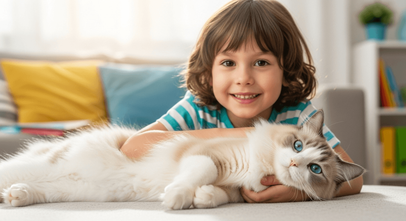 A happy child gently petting a calm and friendly cat in a bright, warm setting.