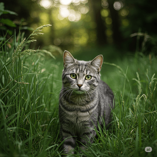 A gray striped cat in a natural setting, demonstrating its camouflage.