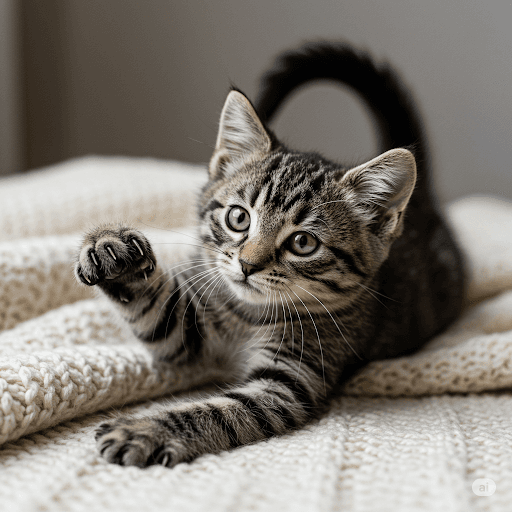 An adorable grey tabby kitten looking curious and playful.