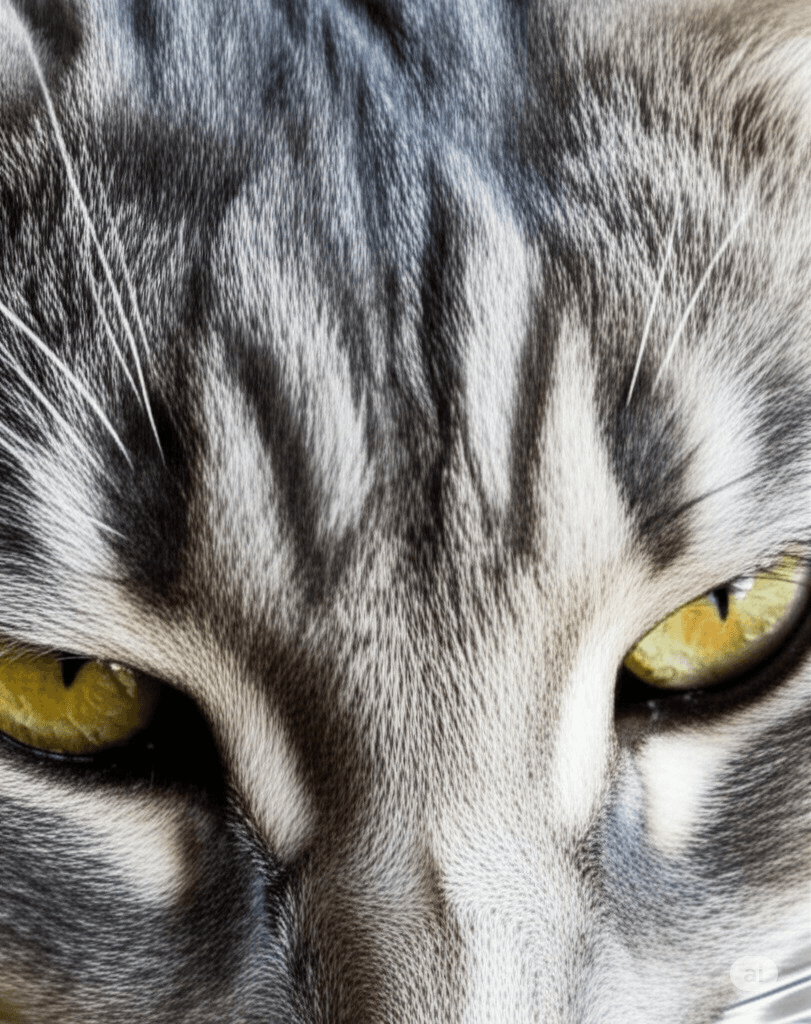 Close-up on the forehead of a gray cat tabby showing the M marking.