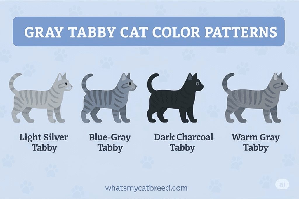 Collage showing different shades of gray tabby cats, from light silver to dark charcoal.