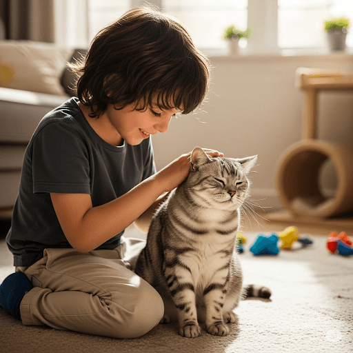 A happy child gently petting a calm and friendly cat in a bright, warm setting.