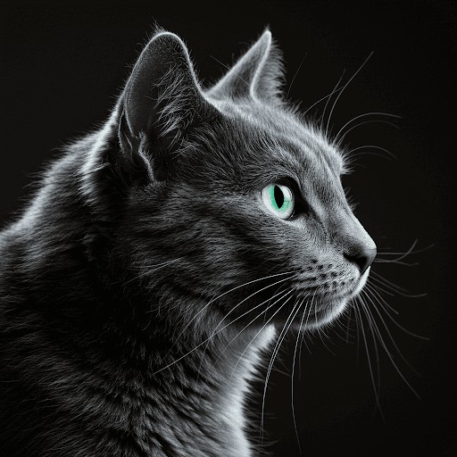 Close-up profile of a majestic Nebelung cat showcasing its green eyes and silver-tipped fur