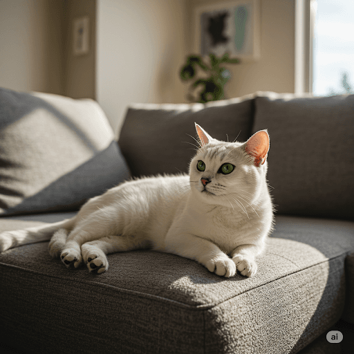Elegant Russian White cat lounging in a comfortable home setting