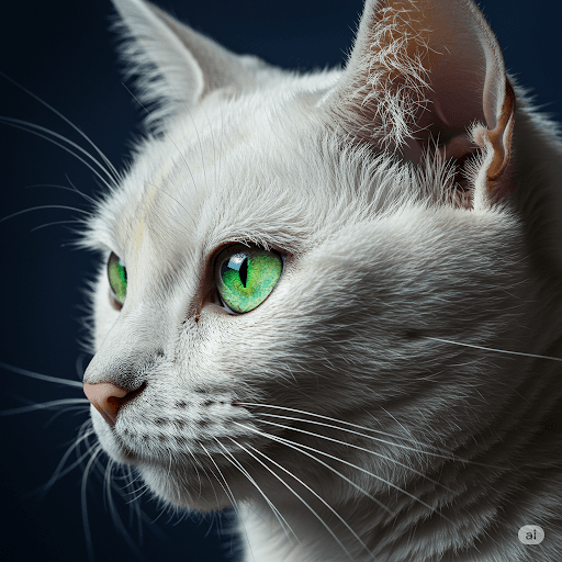 Close-up profile of a majestic Russian White cat highlighting its green eyes