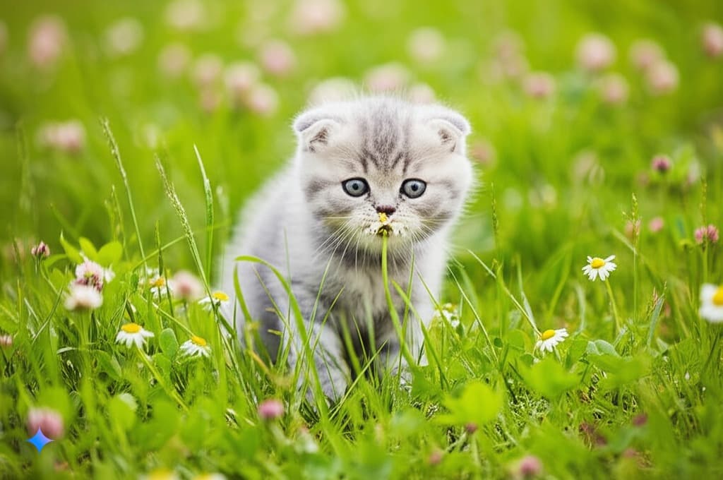 A Scottish Fold cat with folded ears, snuggled in a cozy blanket.