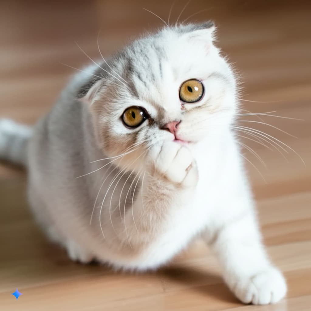 A sweet-faced Scottish Fold cat with its characteristic folded ears looking at a child.