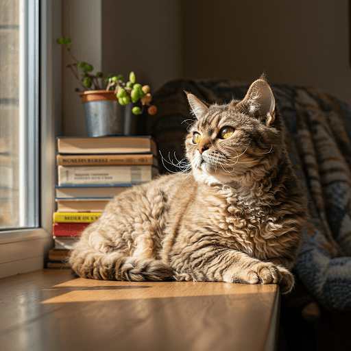 Selkirk Rex cat relaxing comfortably indoors