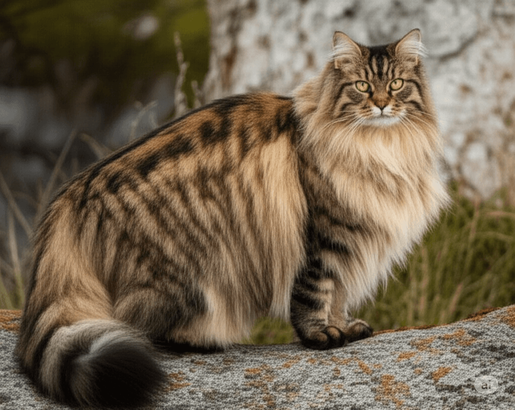 A Siberian cat climbing onto an owner’s lap with a soft purr.