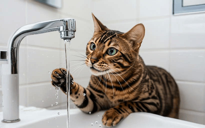 A playful Bengal cat interacting curiously with water from a tap.