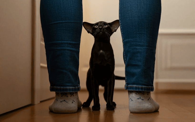 An affectionate Oriental Shorthair cat looking up at its owner or following closely.
