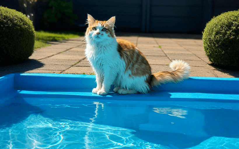 A Turkish Van cat looking comfortable and unafraid near a body of water, showcasing its unique coat.