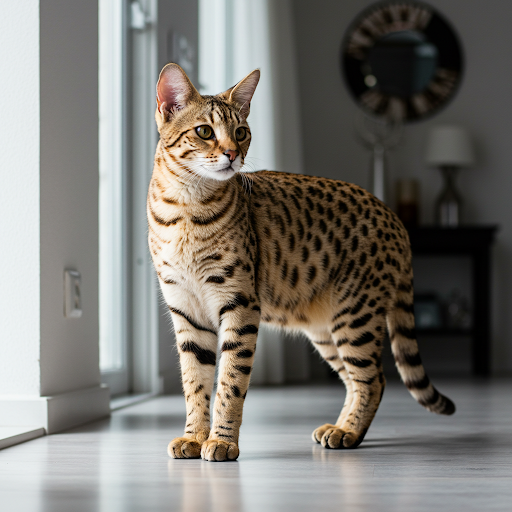 A large cat with spotted coat, representative of cats marketed as Ashera (likely a Savannah)