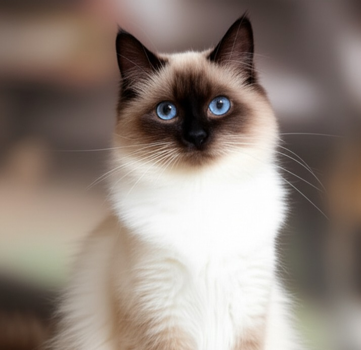 Majestic Birman cat with striking blue eyes and white paws