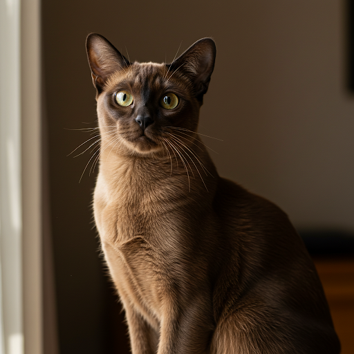 A stunning adult Sable Burmese cat sitting elegantly against a softly blurred, warm-toned indoor background.