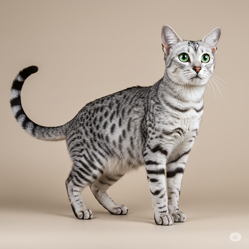 Stunning silver Egyptian Mau cat with vivid green eyes and characteristic spots