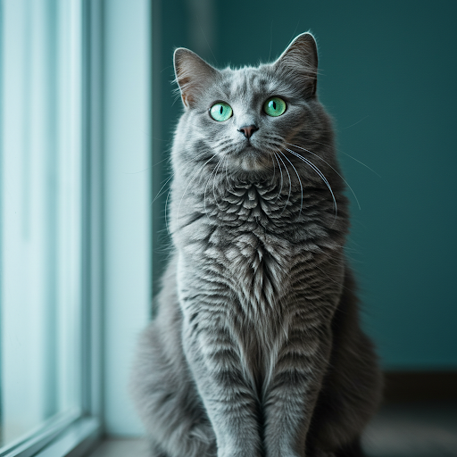 Elegant Nebelung cat with its shimmering blue-grey coat and green eyes