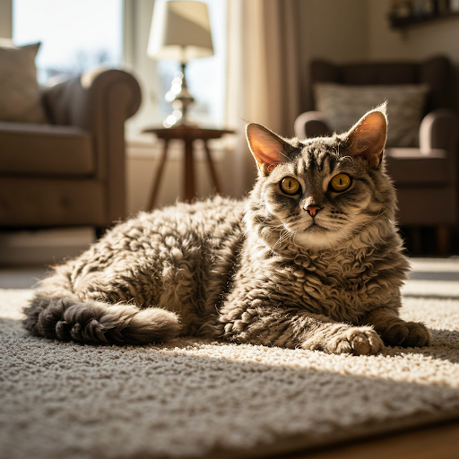 Adorable Selkirk Rex cat with its signature curly coat